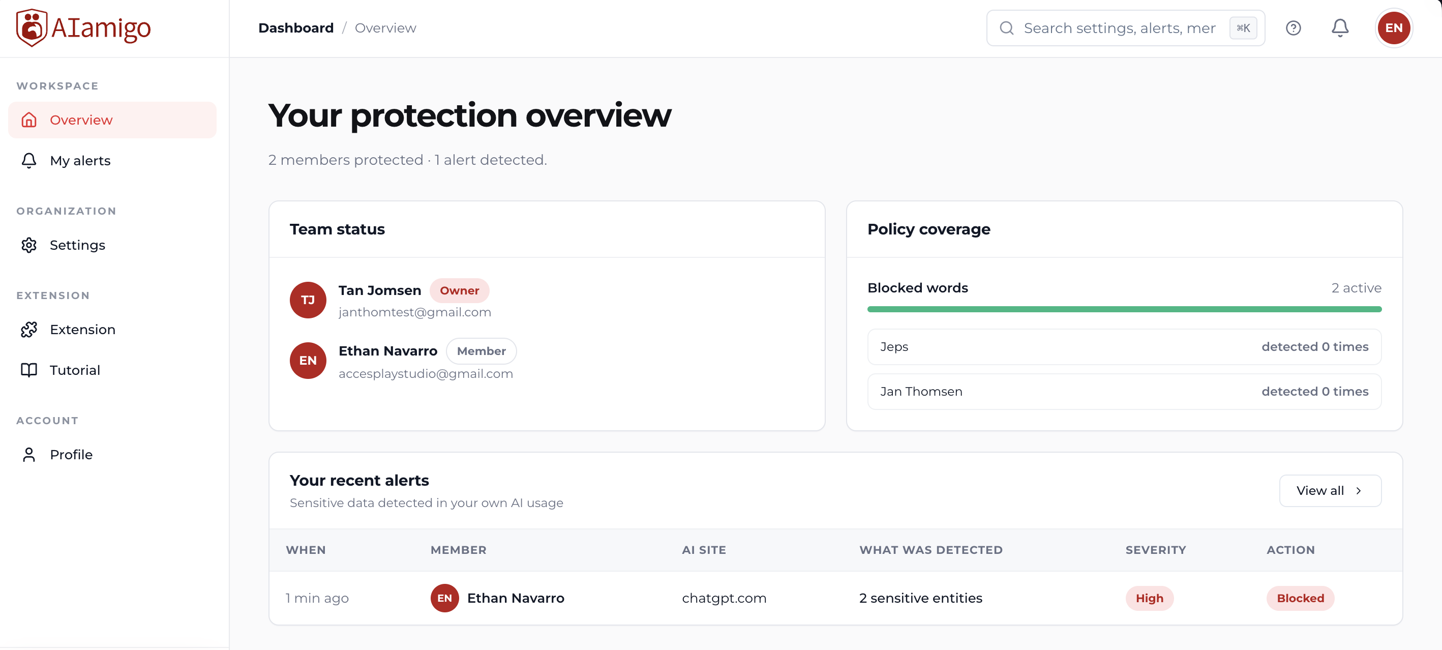 AIAmigo team protection overview with members, policy coverage, and recent alerts
