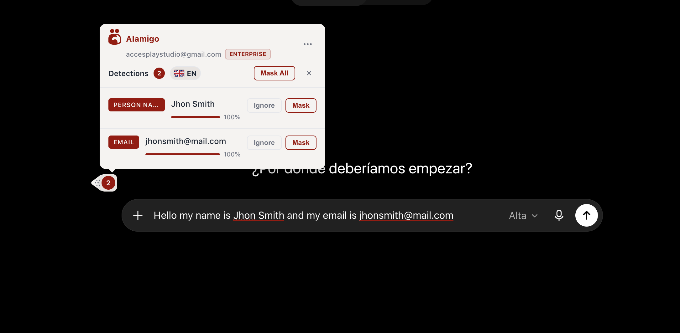AIAmigo Chrome extension detecting a person name and email address in ChatGPT