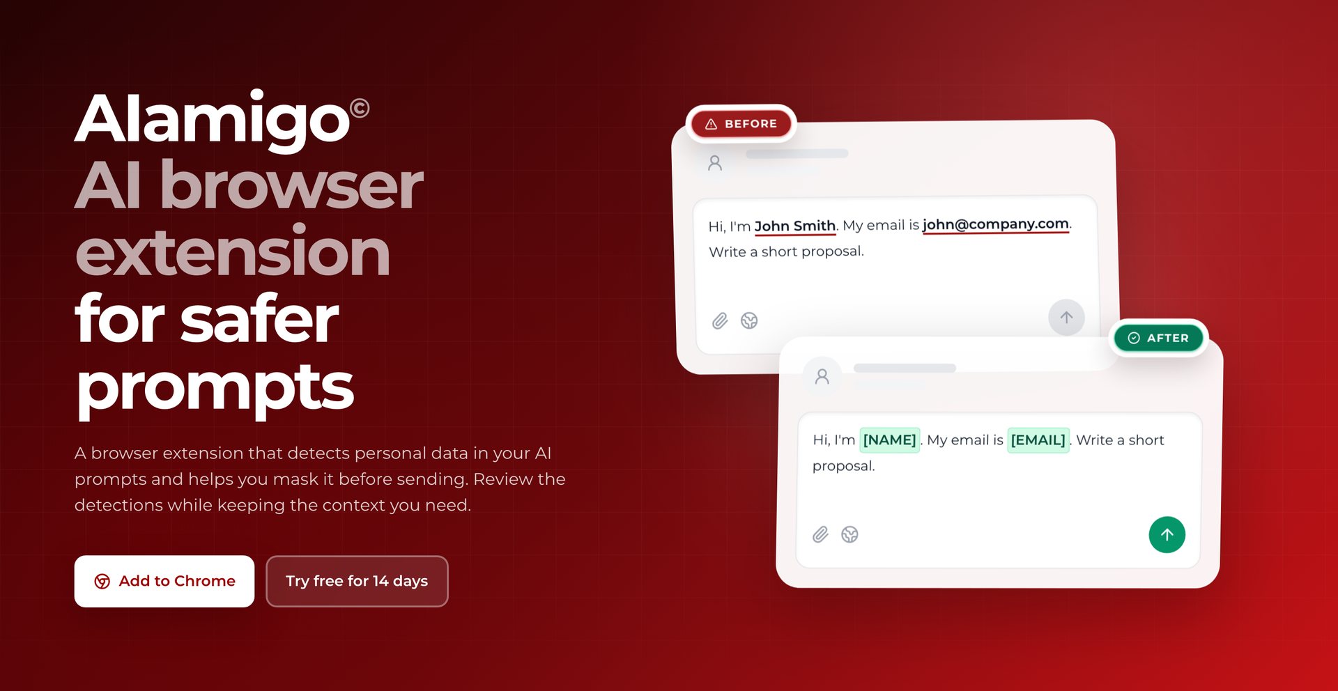 AIAmigo homepage showing a prompt before and after masking personal data