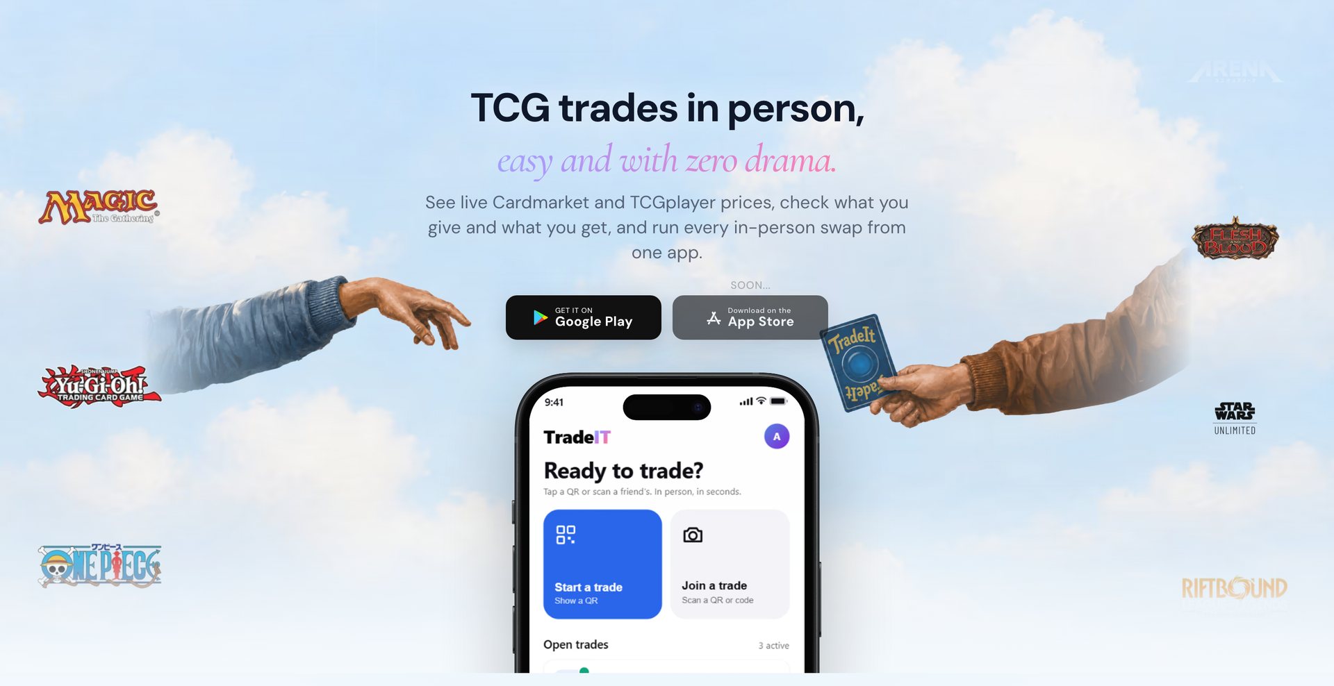 TradeIt landing page with the mobile app between two collectors trading a card