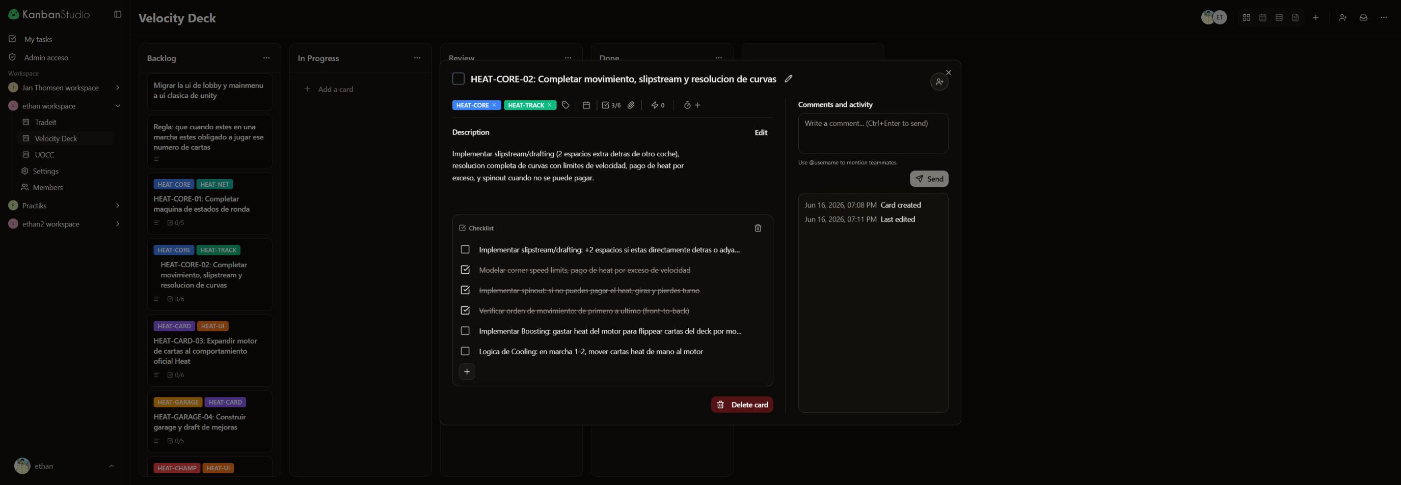 A real Kanban Studio card detail with labels, description, checklist, and activity