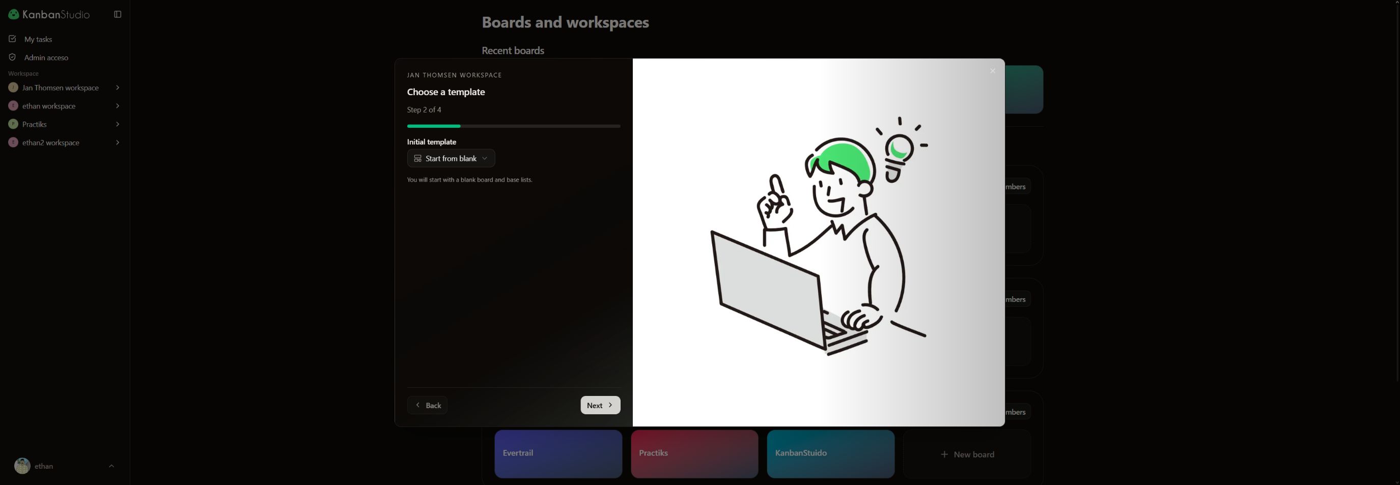 Kanban Studio board creation wizard at the template selection step