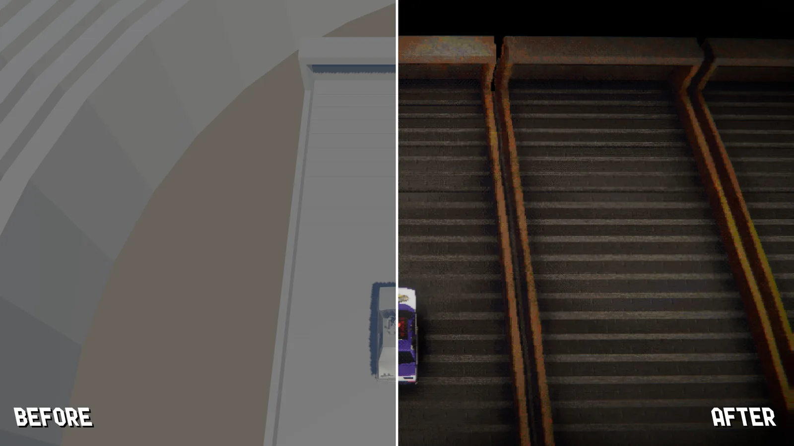 Conveyor Chaos split in two: the default scene on the left, the final result on the right