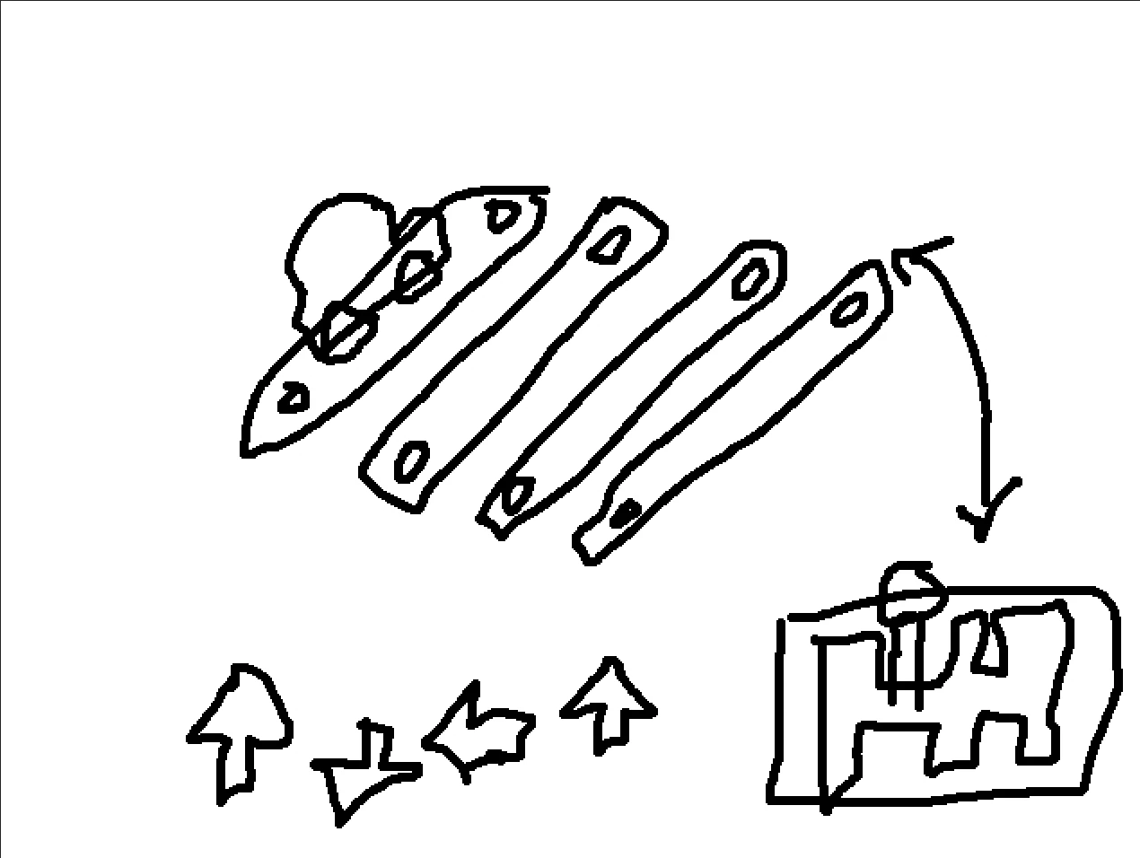 Hand-drawn sketch of four tilted treadmills with a car on the first, an arrow pointing to a gear lever and a row of four direction arrows below