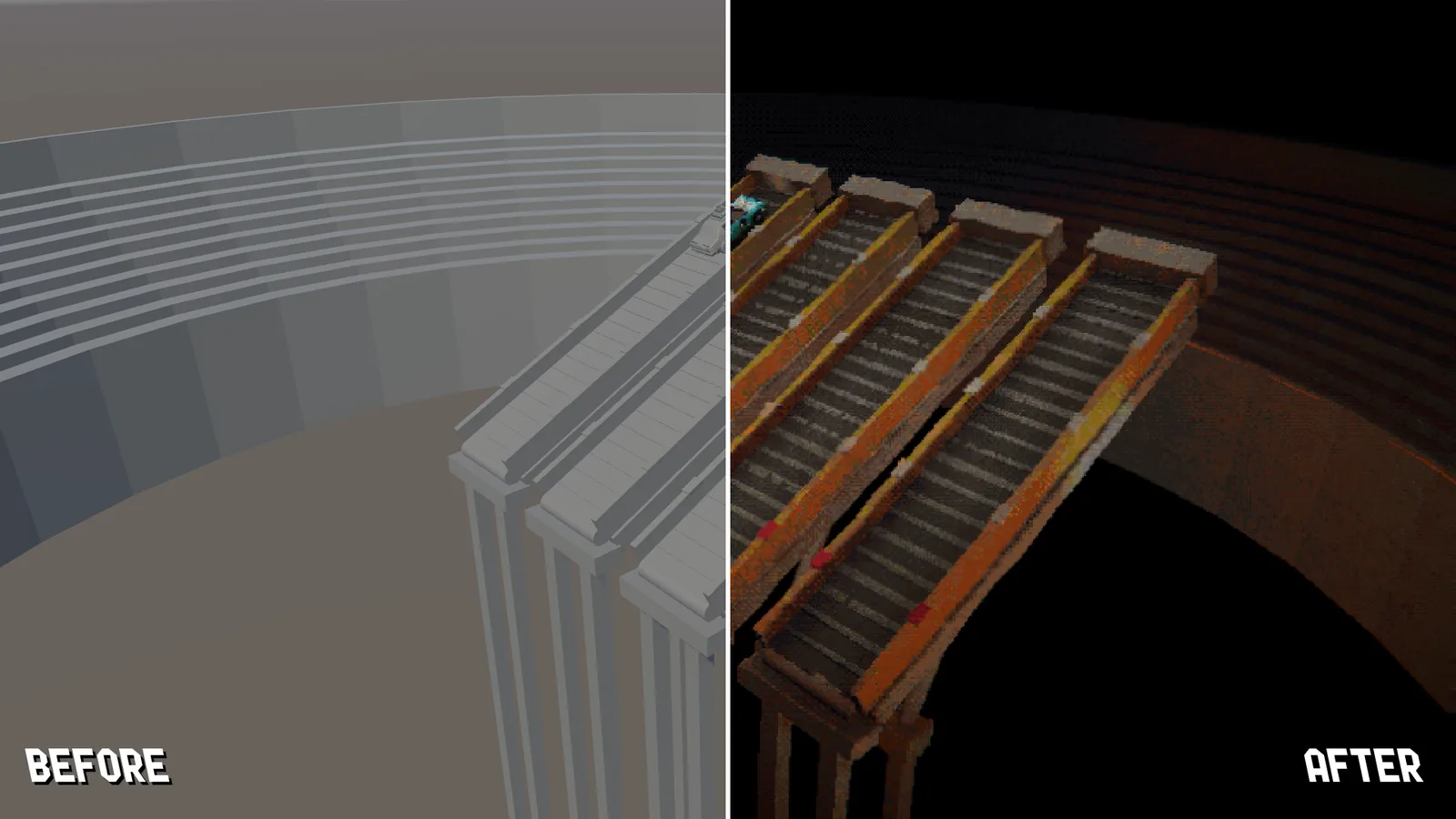 Treadmill Shift split in two: the default scene on the left, the final result on the right