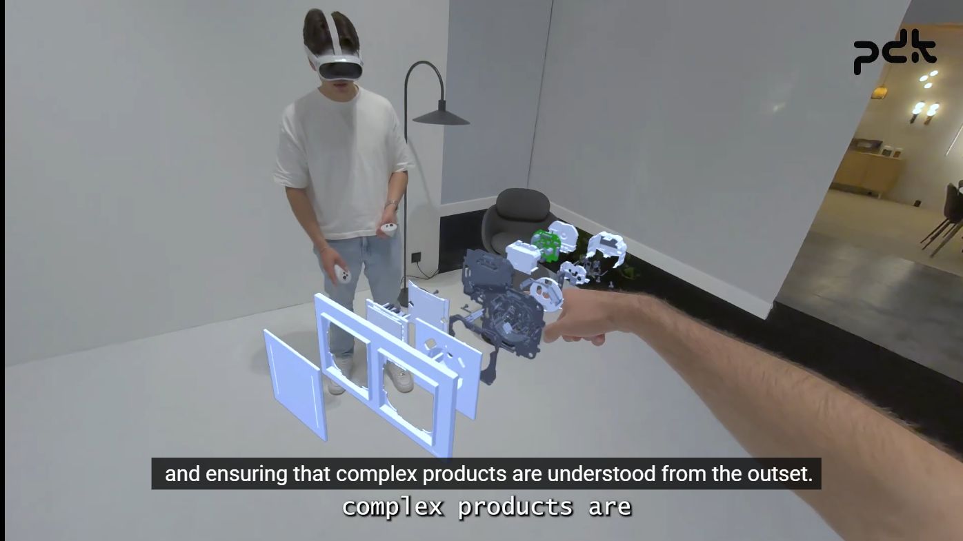 A headset user inspecting shared virtual furniture inside the showroom