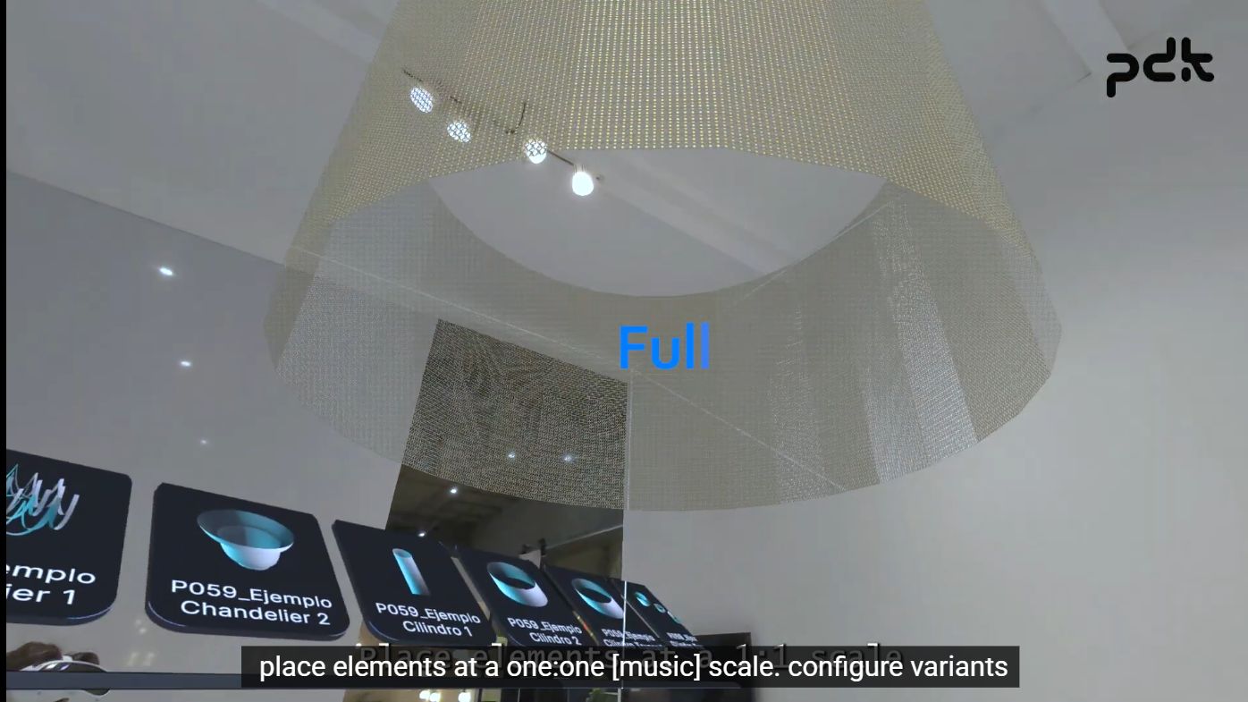 A virtual sofa displayed in a real showroom environment with a no physical prototypes message