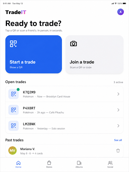 TradeIt home screen with options to start or join a card trade